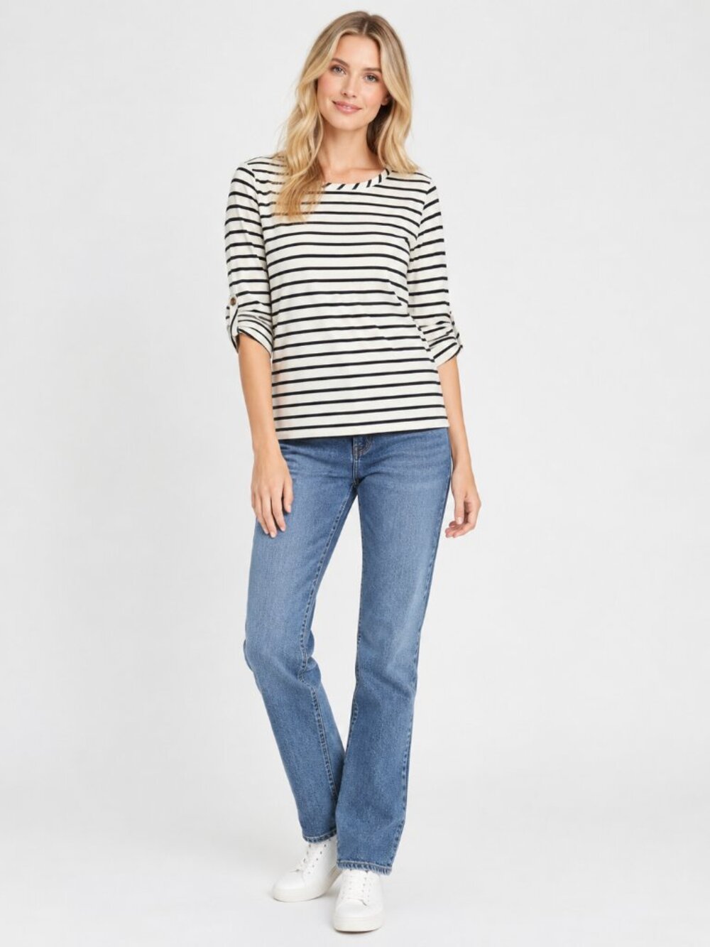 2/$30 Lands' End Nautical Stripe Tab Sleeve Top White Black XS #A5000